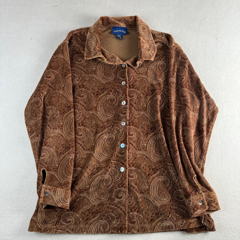 Charter Club Womens Brown Paisley Velour Button Down Shirt Size M Long Sleeve